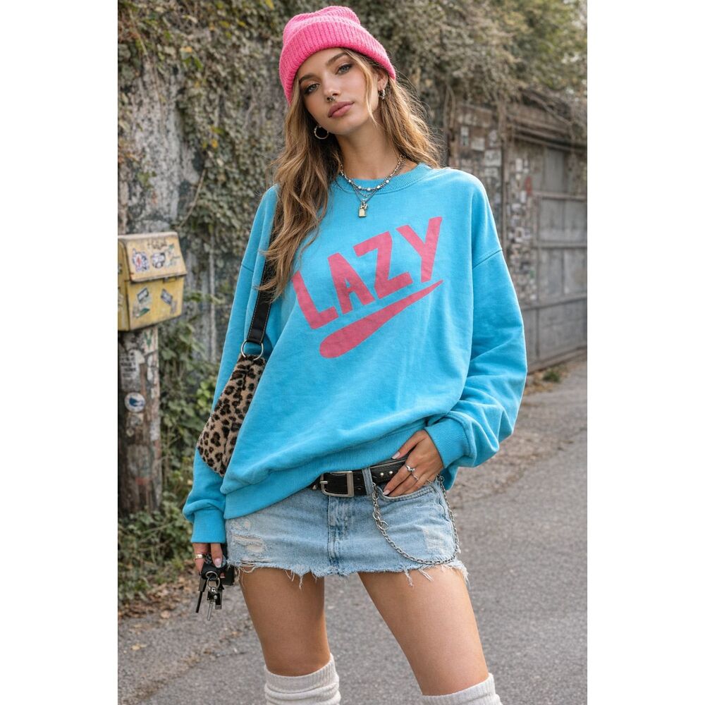 Lazy Oaf Blue LAZY Pullover Sweatshirt Top  Women's Size XS